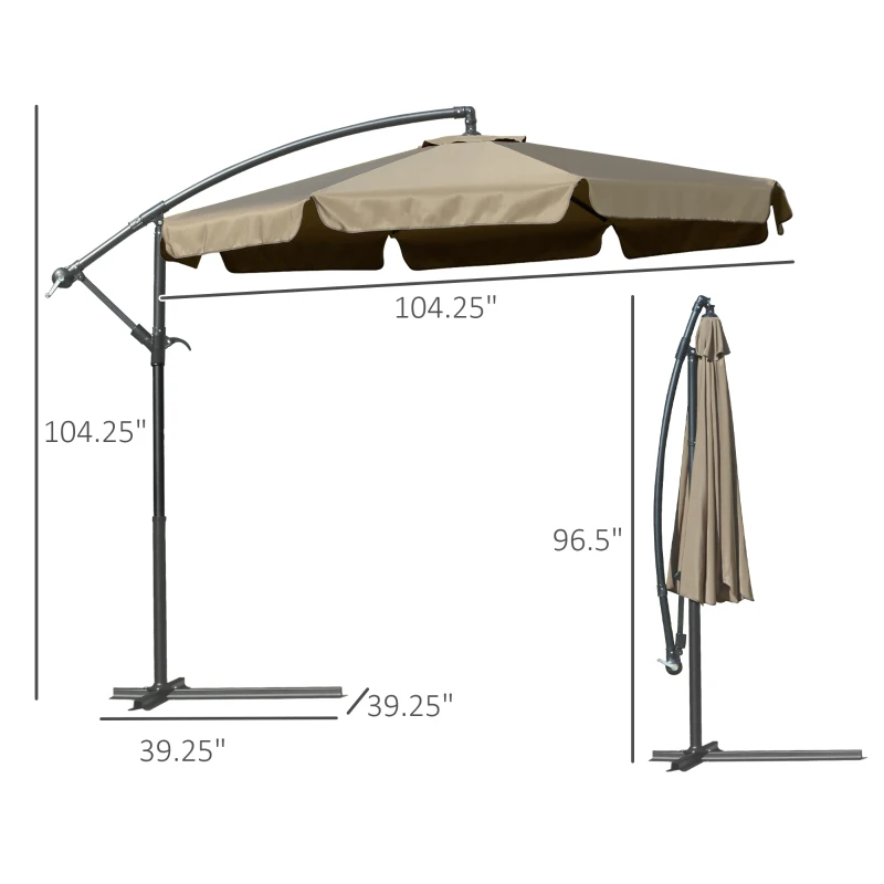 Outsunny 9' Offset Hanging Patio Umbrella, Cantilever Umbrella with Easy Tilt Adjustment, Cross Base and 8 Ribs for Backyard, Poolside, Lawn and Garden, Coffee