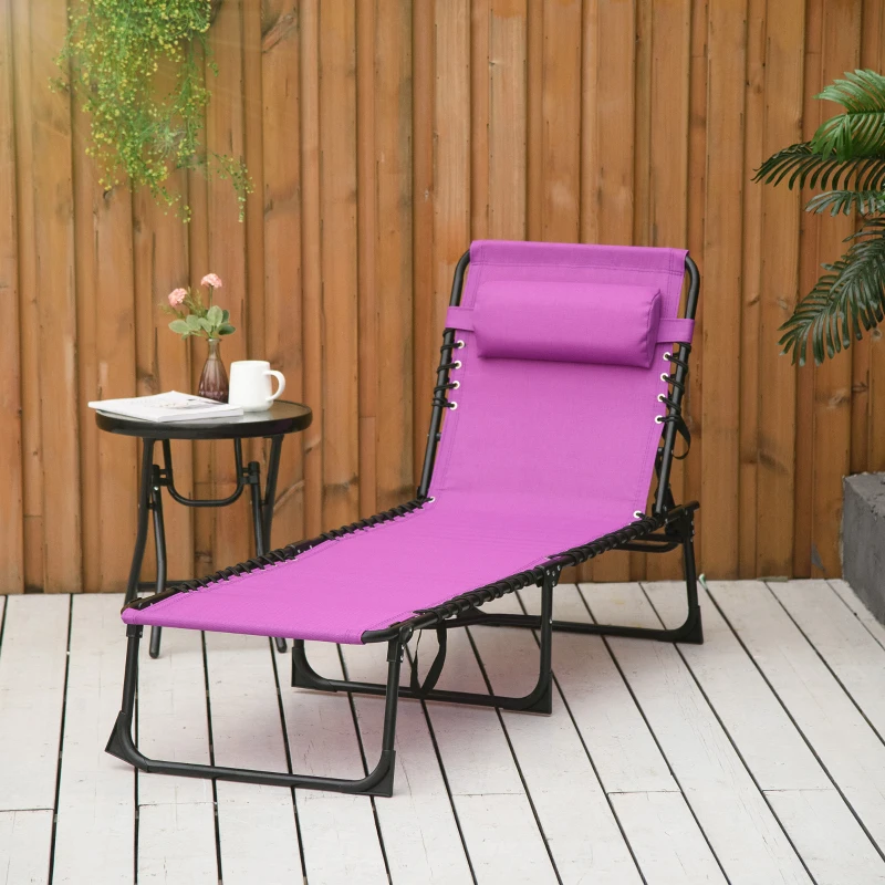 Outsunny Outdoor Folding Lounge Chair, 4-Level Adjustable Chaise Lounge with Headrest, Tanning Chair Beach Bed, Reclining Lounger Cot for Camping, Hiking, Backyard, Purple