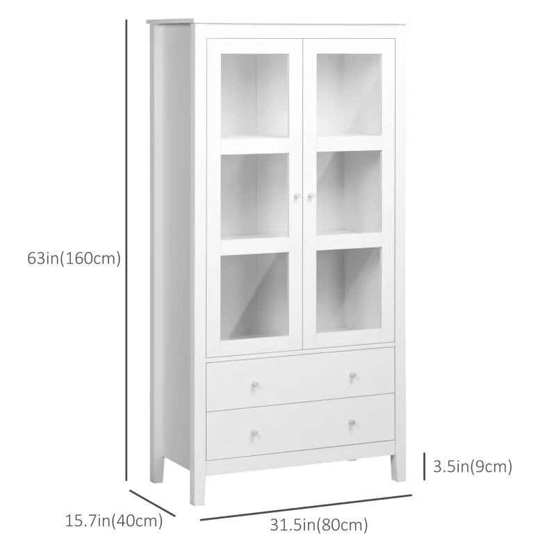 HOMCOM Kitchen Pantry Cabinet, Freestanding Storage Cabinet with 3-tier Shelves, 2 Drawers and Glass Doors, White