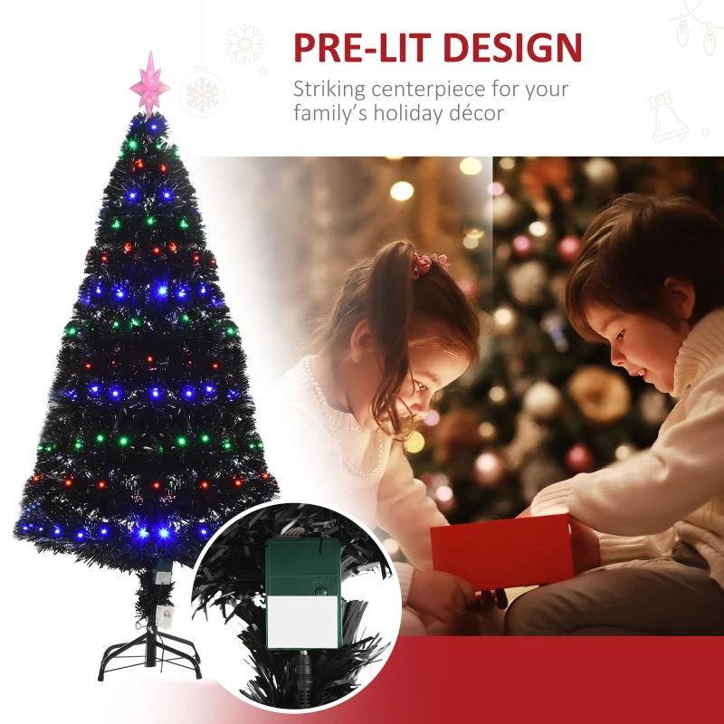 HOMCOM 5ft Prelit Artificial Christmas Tree with LED Lights, Multicolored Fiber Optics and Realistic Branch Tips, Black