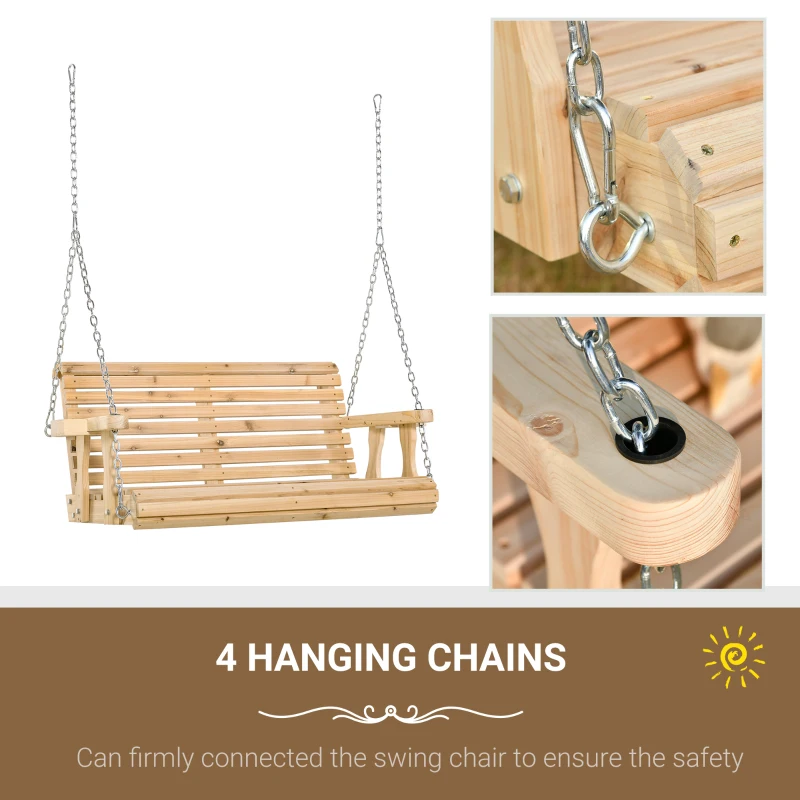 Outsunny 2 Seater Porch Swing Wooden Patio Swing Chair Seat with Cup Holder and Chains Outdoor Swing Bench for Garden Yard, Natural