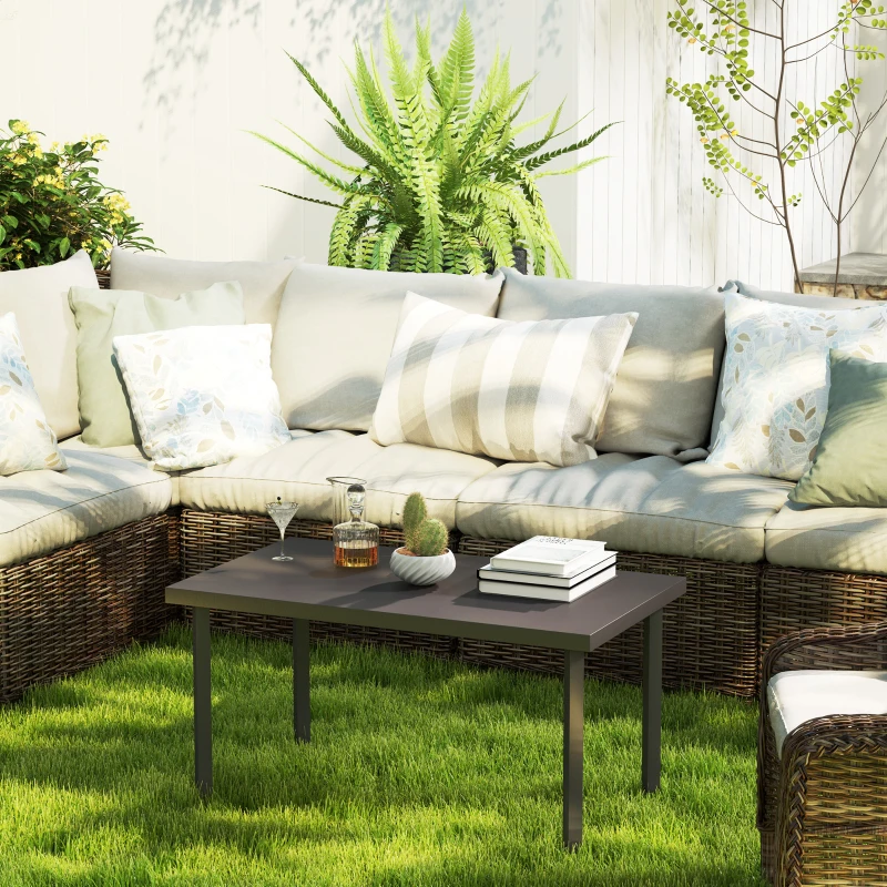 Outsunny Metal Outdoor Side Table, Rectangle Patio Coffee Table with Woodgrain Tabletop for Outside Garden, Brown