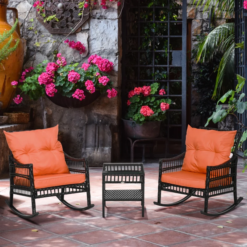 Outsunny 3 Pieces Outdoor PE Rattan Rocker Chair Set, Rocking Chair with Tempered Glass Table Top,25"x26"x28", Orange