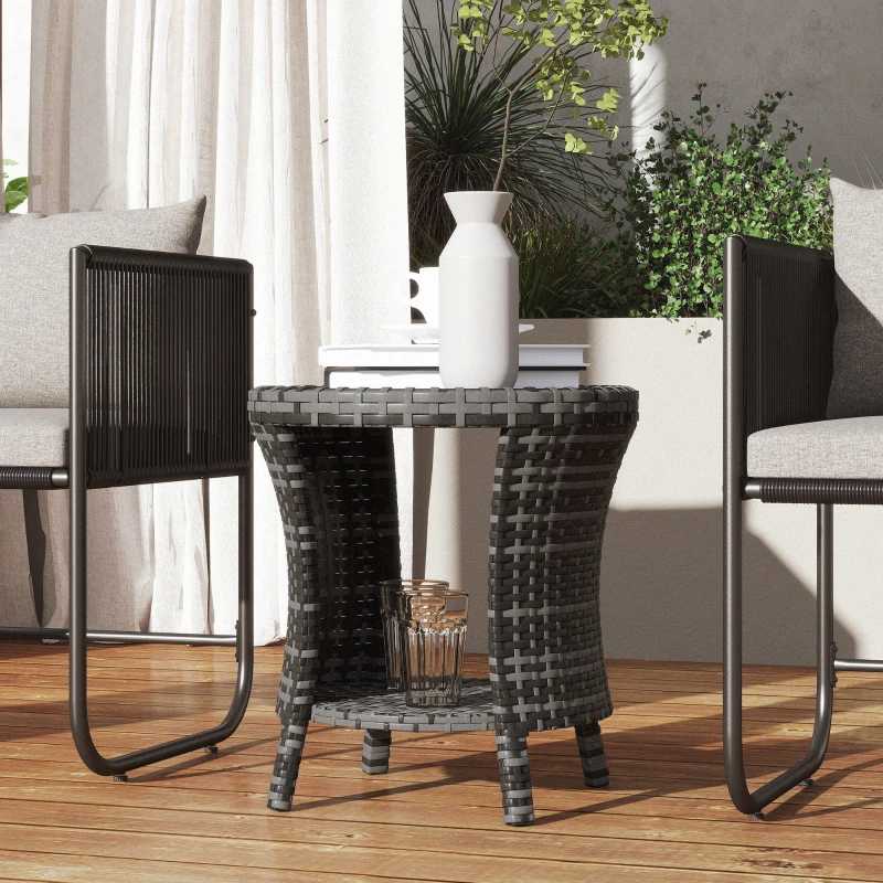Outsunny 18" Wicker Outdoor Coffee Table, PE Rattan Patio Side Table with 2-Tier Storage, Composite Wood Top, Gray