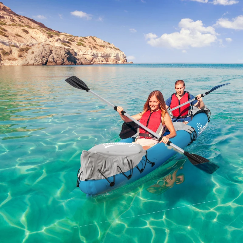 Outsunny K2 Kayak, 2 Person Inflatable Kayak, Includes Paddles, Aluminum Oars, Repair Kit, Portable Tandem Blow Up Boat, Blue