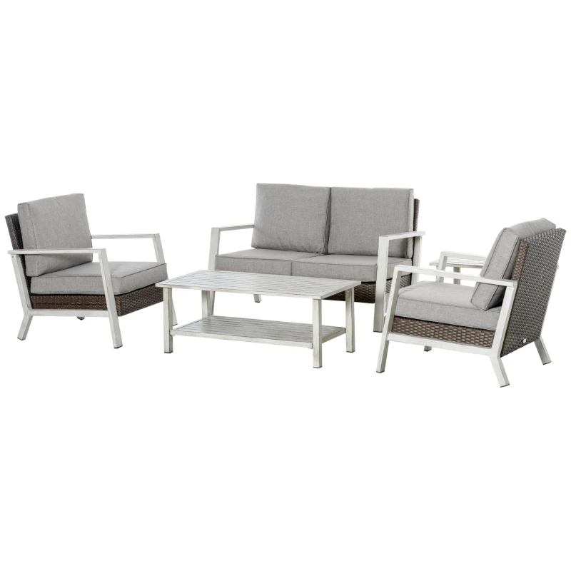 Outsunny Aluminum Patio Furniture Set, 5 Piece Modern Outdoor Conversation Set with Loveseat Sofa, Chairs, Cushions, Coffee Table & Side Table, Gray