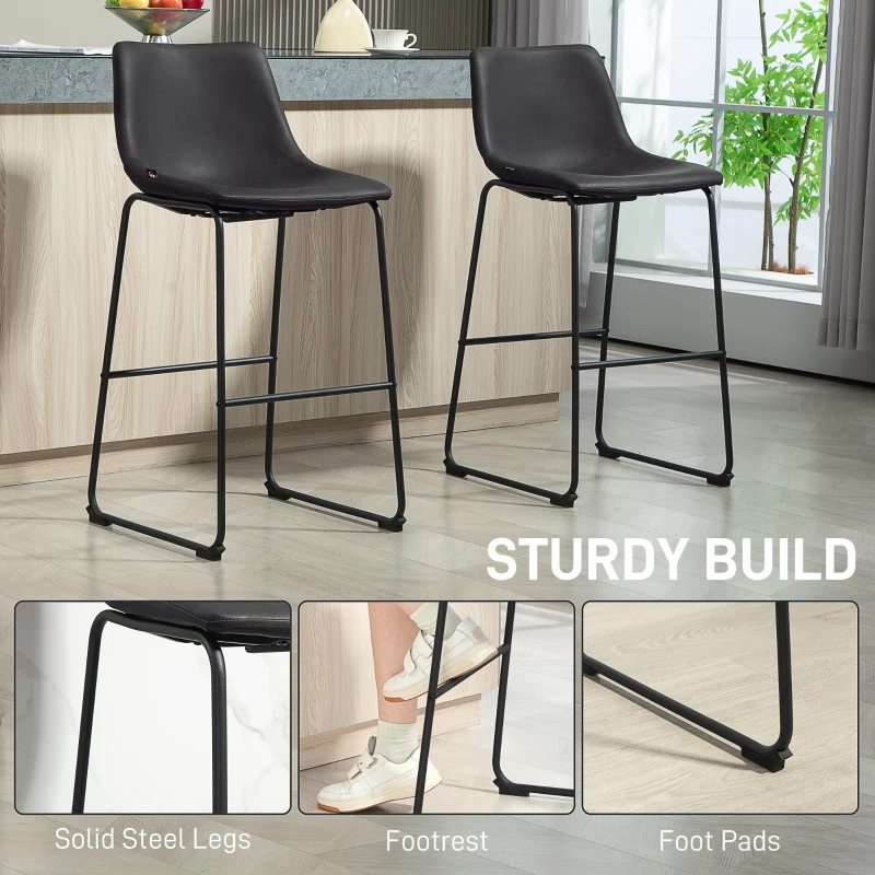 HOMCOM Counter Height Bar Stools Set of 2, Vintage PU Leather Bar Chairs, Kitchen Stool with Footrest, Dark Brown