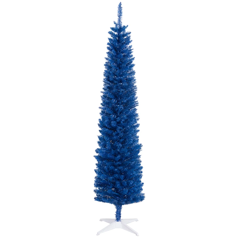 HOMCOM 7' Pencil Christmas Tree, Slim Artificial Xmas Tree with Realistic Branches, Sturdy Metal Stand, Deep Blue