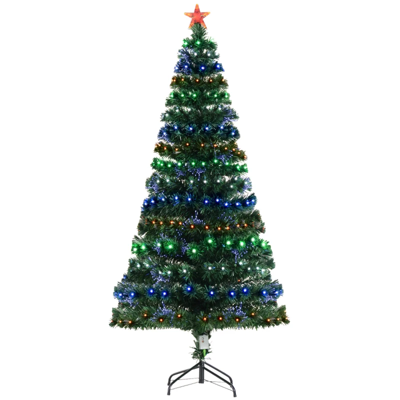 HOMCOM 6' Tall Prelit Full Fir Artificial Christmas Tree with Realistic Branches, 230 Green/Red/Blue  Fiber Optic Lights and 230 Tips