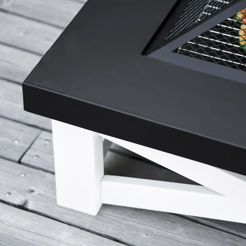 Outsunny 34" Outdoor 3 in 1 Steel Square Firepit Portable Stove with Spark Screen Cover, Log Grate, Poker, Grill Net for Patio, White & Black