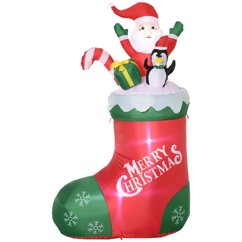 Outsunny 5ft Christmas Inflatables Outdoor Decorations Santa and Penguin Standing in Sock with Candy Cane Gift Box, Blow-Up LED Yard Christmas Decor for Lawn Garden Party