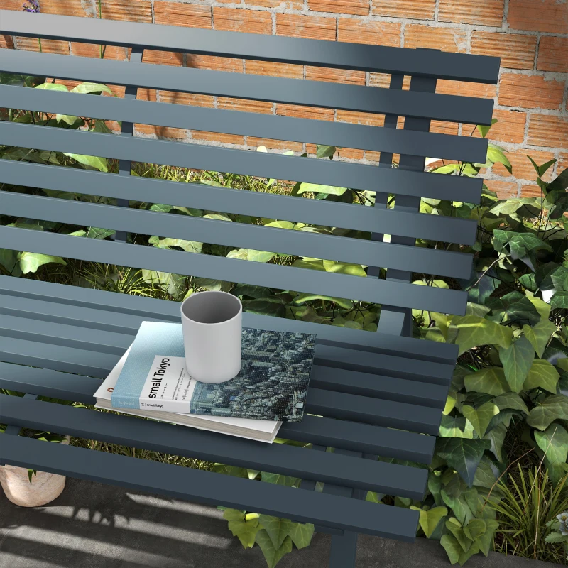 Outsunny Outdoor Bench Patio Bench, Aluminum Lightweight Park Bench with Slatted Seat for Lawn, Park, Deck, Blue
