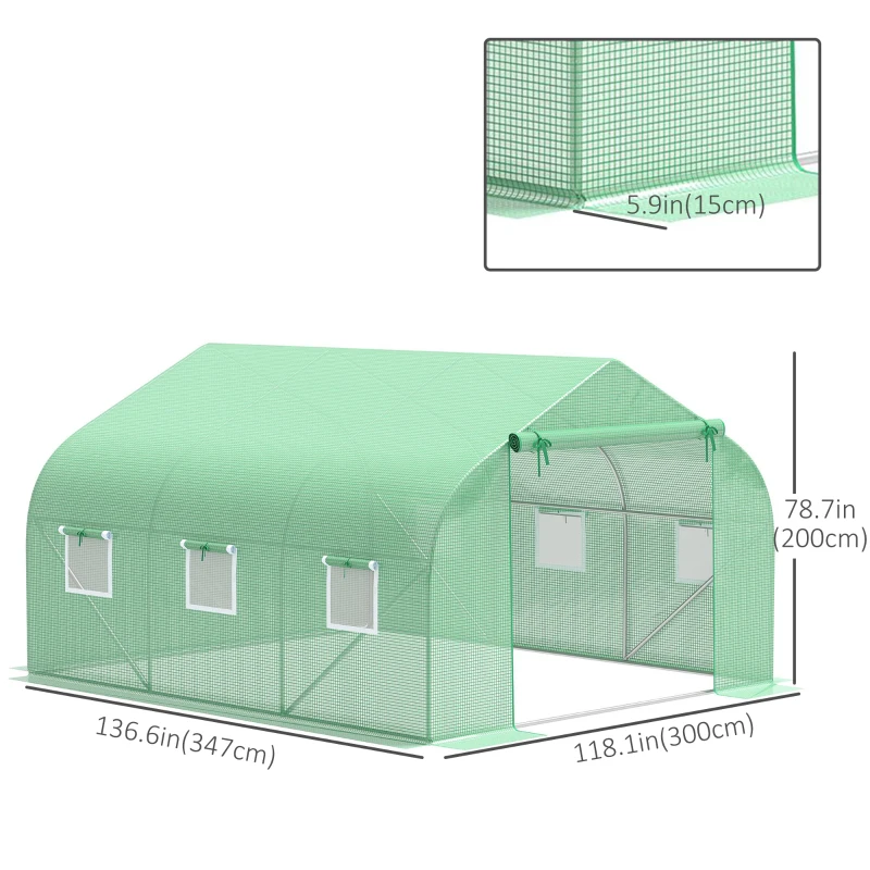Outsunny Greenhouse Replacement Cover for 11.5' x 9.8' x 6.6' Walk-in Tunnel PE Hot House Cover with Zipper Door and 6 Roll Up Windows, Green (Frame Not Included)