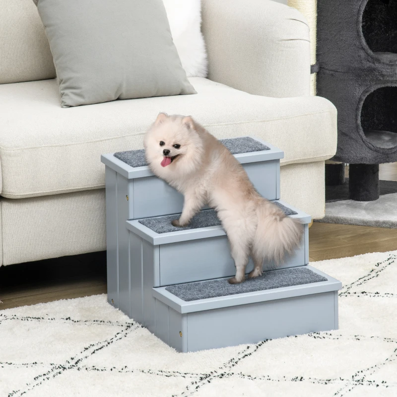 PawHut Pet Steps 3-Step Dog Stairs for Small Dogs Cats and Wooden Ramp with Storage Box Carpet Tread, Grey
