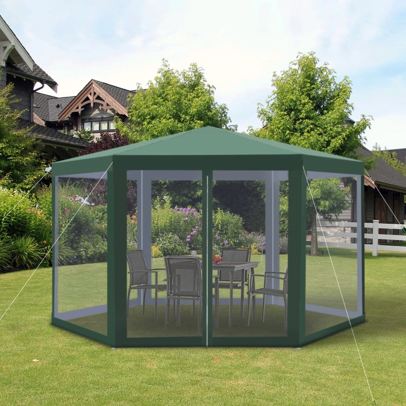 Outsunny Φ13' Hexagon Party Tent Patio Gazebo Outdoor Activity Event Canopy Quick Sun Shelter Pavilion with Netting Mesh Sidewall Green