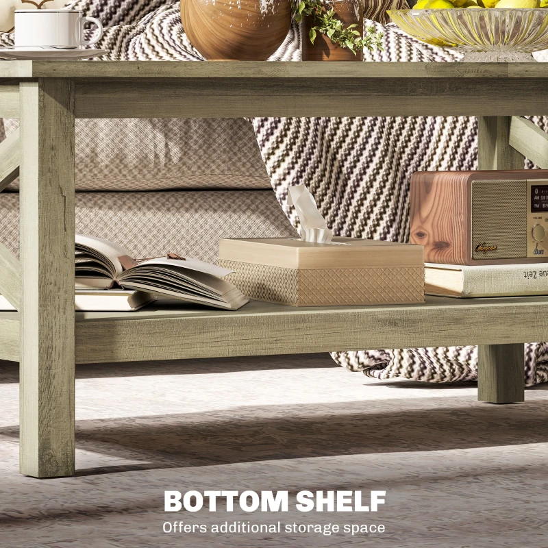 HOMCOM Coffee Table with Tempered Glass Tabletop, Living Room Table with Wood Frame and Underneath Storage Shelf, Gray