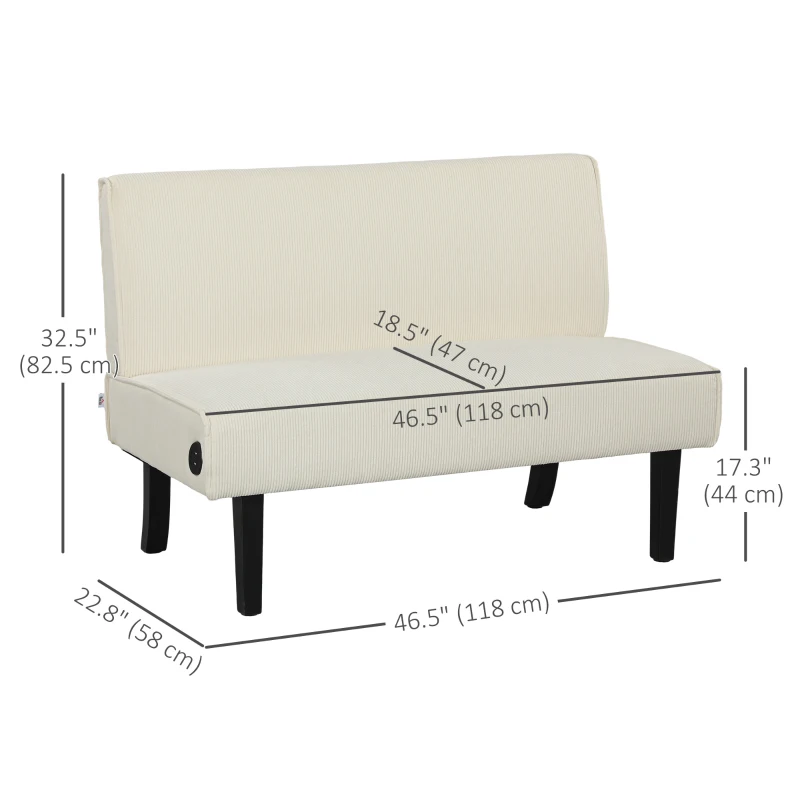 HOMCOM 46.5" Loveseat Couch with USB Ports, Corduroy Love Seat Sofa with Wood Legs for Living Room, Bedroom, Small Space, Cream