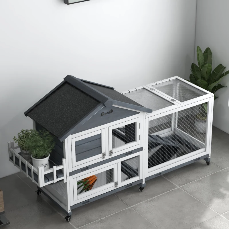 PawHut 65" Wooden Rabbit Hutch, Pet Playpen with Openable Roof & Storage Box for Rabbits and Small Animals, Gray