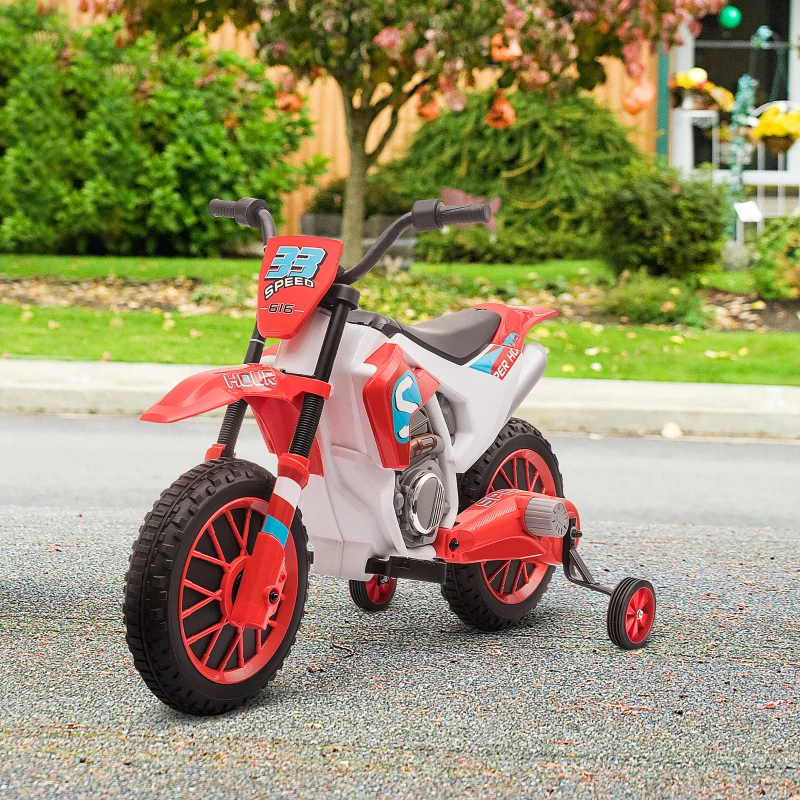 Aosom Kids Dirt Bike Battery-Powered Ride-On Electric Motorcycle with Charging 12V Battery, Training Wheels Red