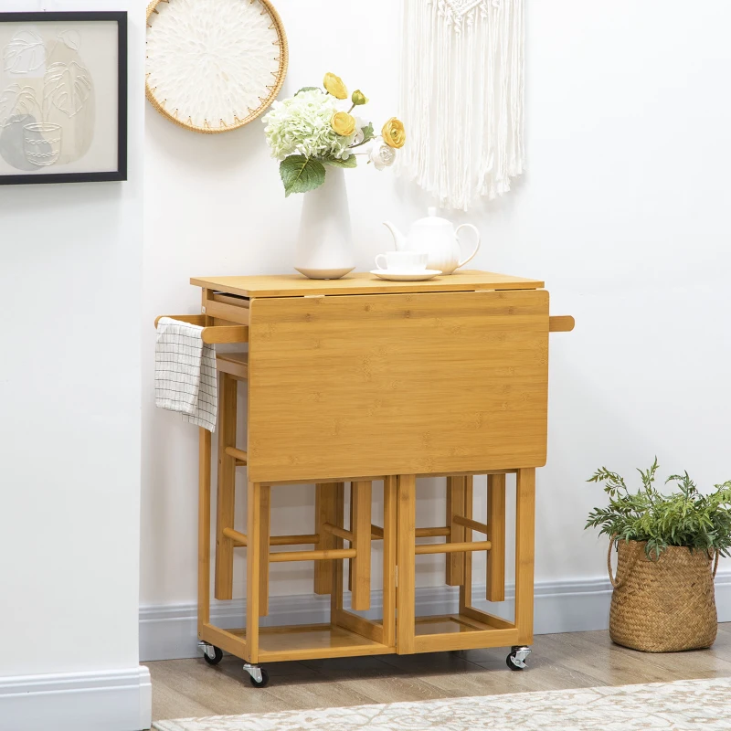 HOMCOM Breakfast Cart Table and Chair Set Kitchen Island with Seating