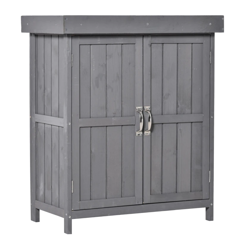 Outsunny Wooden Garden Tool Storage Shed Kit with Hinged Roof, 2-Tier Shelves and Double Doors, 74x43x88cm, Dark Grey