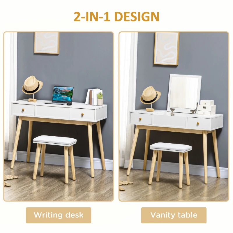 HOMCOM Makeup Vanity Desk with Flip Top Mirror and Cushioned Stool, Dressing Table Writing Desk with 2 Drawers and Storage Grids for Bedroom (White)