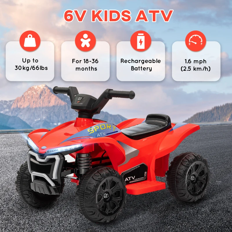 Qaba Kids ATV Quad, 6V Ride On Toy with Rechargeable Battery, Light, Music, Forward & Reverse for Toddlers, Red