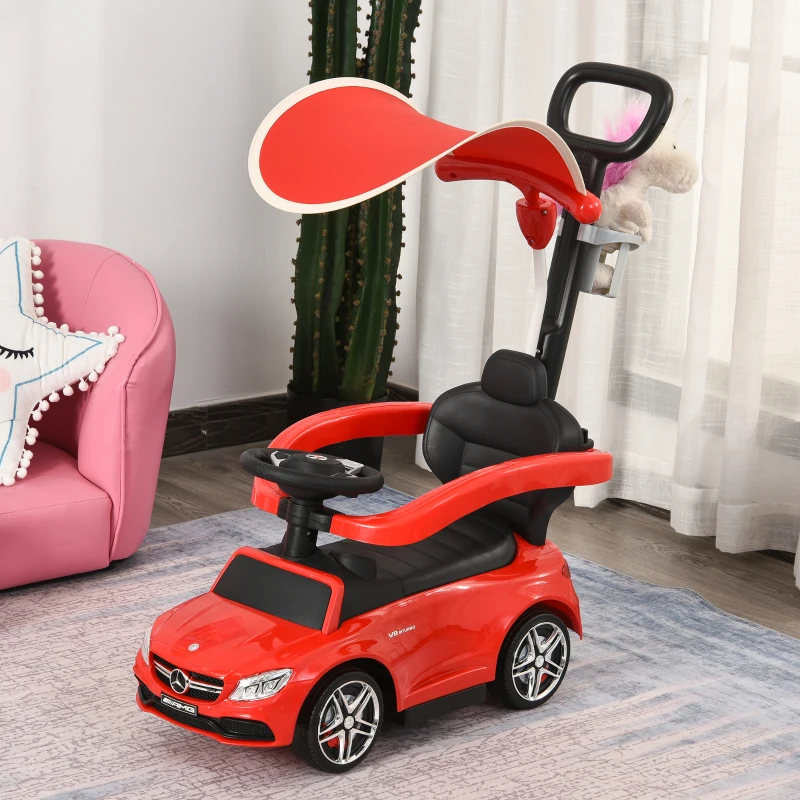 Aosom 2 in 1 Push Car for Toddlers for 1-3 Years Old, Officially Licensed AMG C63 Baby Car, Kids Stroller Sliding Car with Sun Canopy Foot Rest Horn Sound Safety Bar Cup Holder, Red