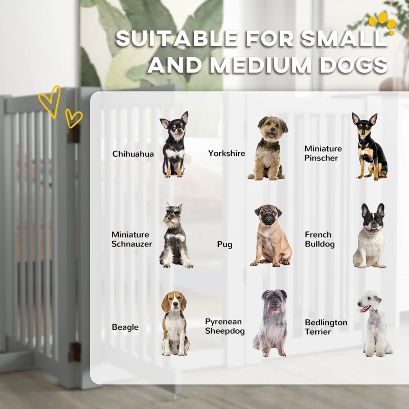 PawHut 4 Panel Free Standing Wooden Pet Gate with Open Door Light Grey