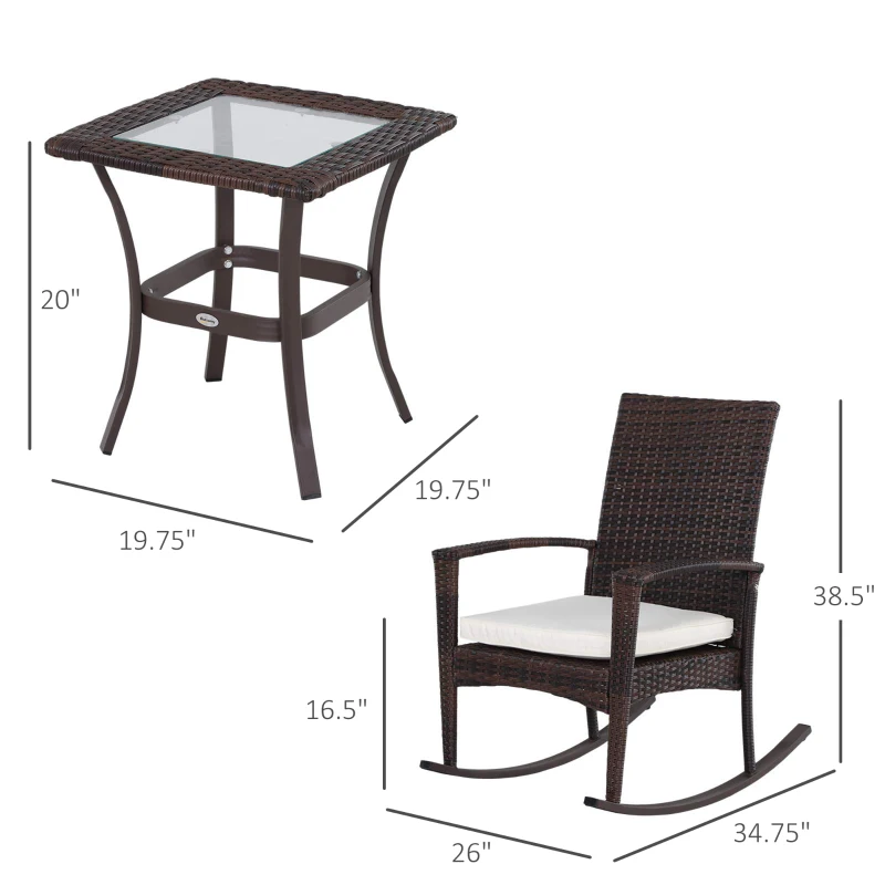 Outsunny 3 Pieces Patio Wicker Rocking Chair Set,  Outdoor PE Rattan Bistro Set Conversation Rocker Set with 2 Chairs 1 Coffee Table for Backyard, Deck, Poolside, Cream White