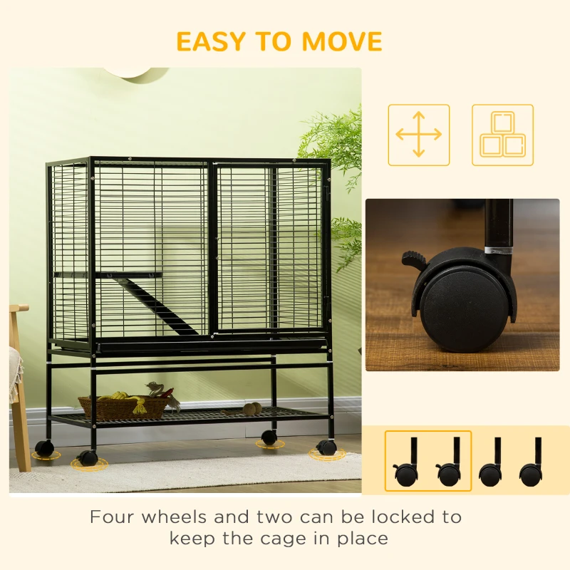 PawHut Guinea Pig Cage with Tray, Small Animal Habitat, Metal Wire Chinchilla Cage, Hedgehog Cage, Pet Ferret Cage with Wheels & Storage Shelf, Little Critter Cage