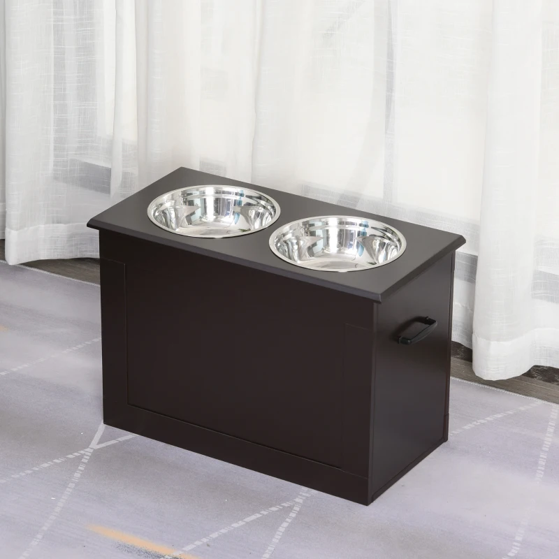 PawHut Raised Pet Feeding Storage Station with 2 Stainless Steel Bowls Base for Large Dogs and Other Large Pets, Coffee