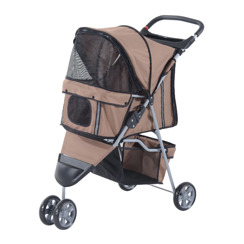 PawHut Cat Stroller, 3 Wheels Foldable Dog Stroller with Storage Basket, Brake, Adjustable Canopy, Cupholders, Pet Stroller for Miniature and Small Dogs Travel, Coffee