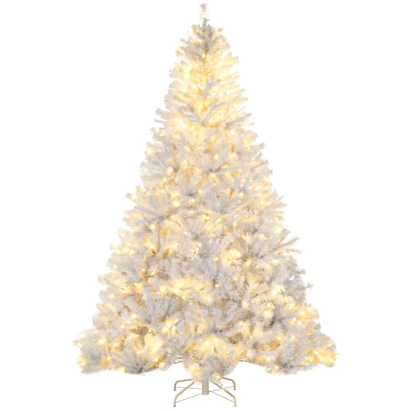 HOMCOM 7.5' Prelit Artificial White Christmas Trees Home Decor, with Warm White LED Lights, Auto Open, Steel Base