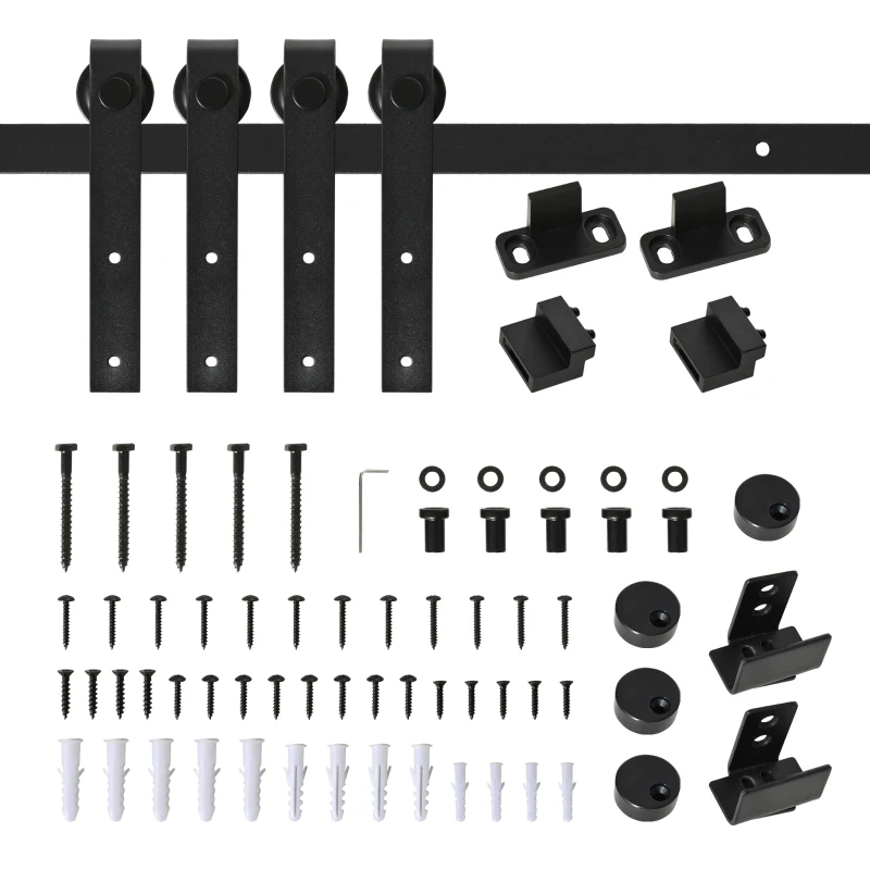 HOMCOM Mini Sliding Barn Door Hardware Kit for Double Doors, TV Stands, Cabinet Barn Door Hardware Kit, Fit 17.7" Wide Door Panel (J Shape), Black