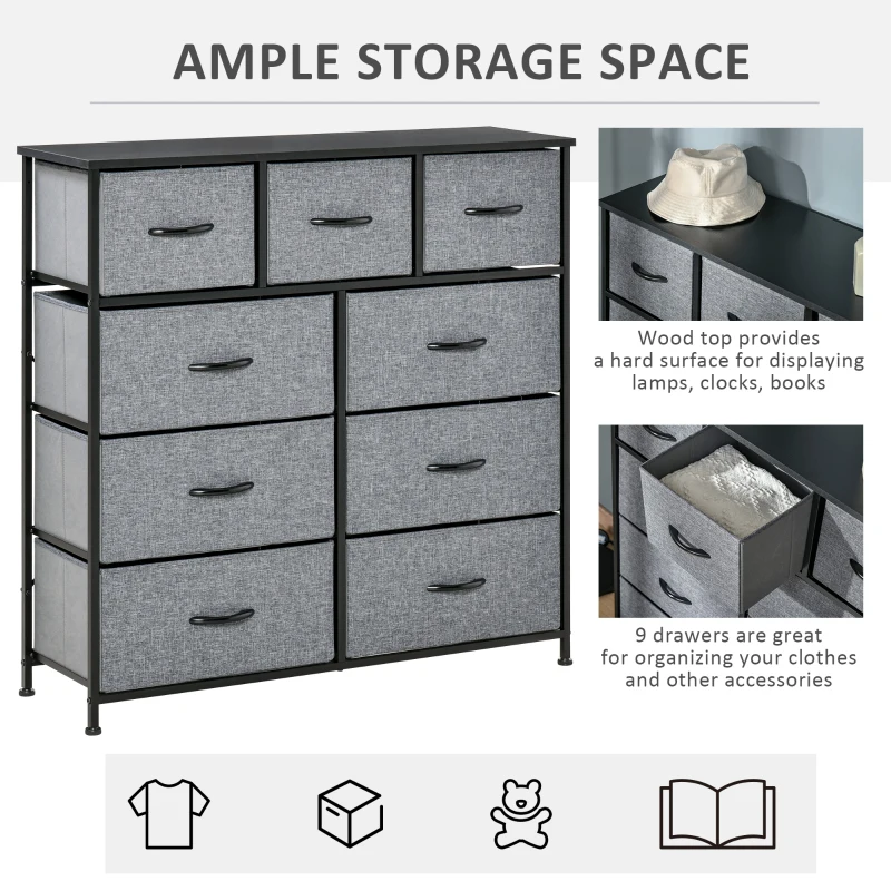 HOMCOM 9 Drawers Storage Chest Dresser Organizer Unit w/ Steel Frame, Wood Top, Easy Pull Fabric Bins, for Hallway, Closet, Entryway, Black & Gray