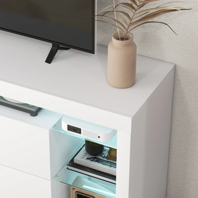 HOMCOM TV Stand with LED Lights for TVs up to 55", High Gloss TV Cabinet with Flip Doors and Glass Shelves, White