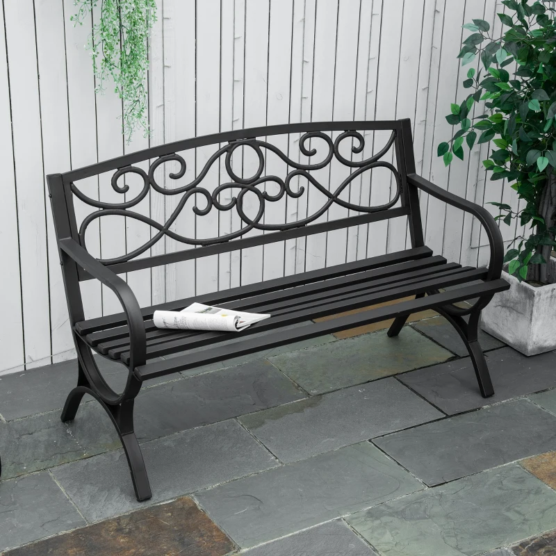 Outsunny 50" 2-Seater Outdoor Garden Bench Antique Loveseat with Armrest for Yard, Lawn, Porch, Patio, Steel/ Black