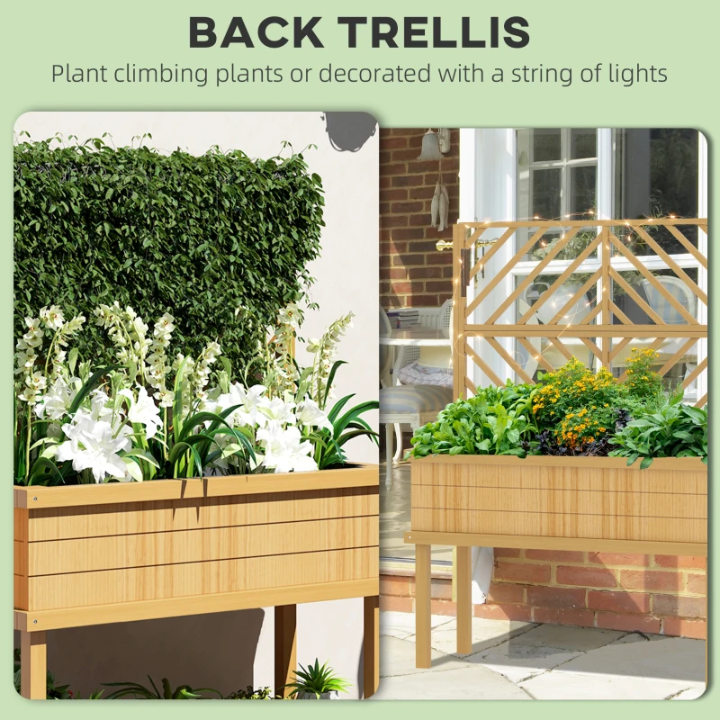 Outsunny Elevated Wood Planter with Trellis for Climbing Plants, Raised Garden Bed with Legs and Drainage Holes, Natural Wood