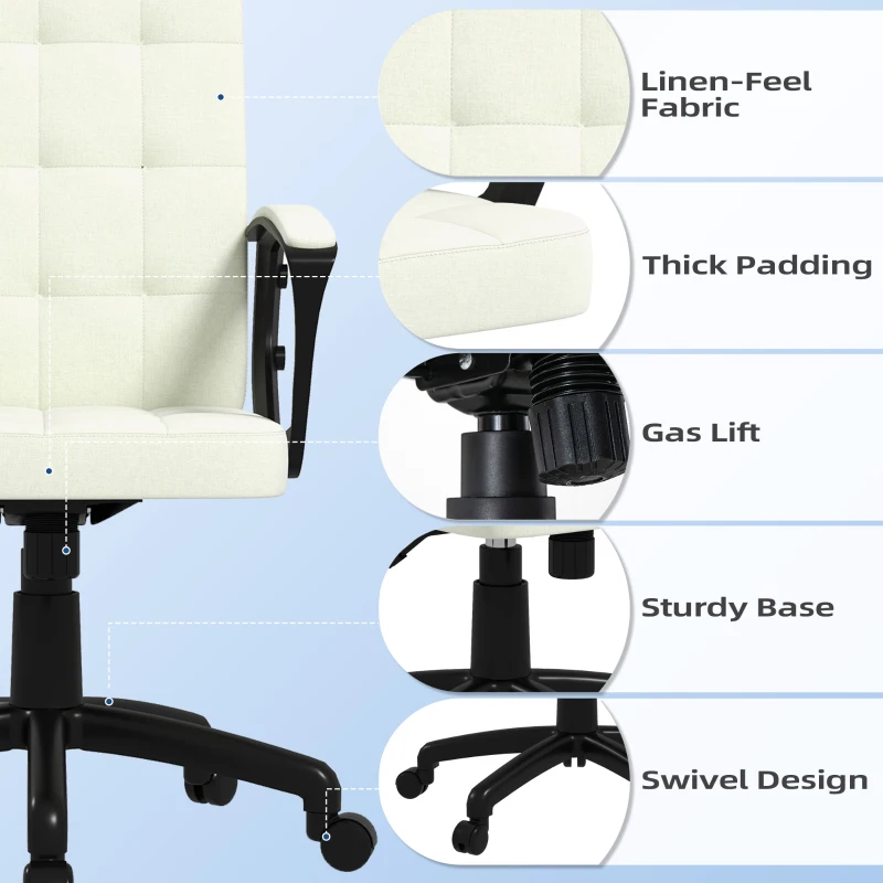 Vinsetto Mid Back Office Chair, Computer Chair for Desk, with Adjustable Height, Swivel Wheels, Arms, Cream White