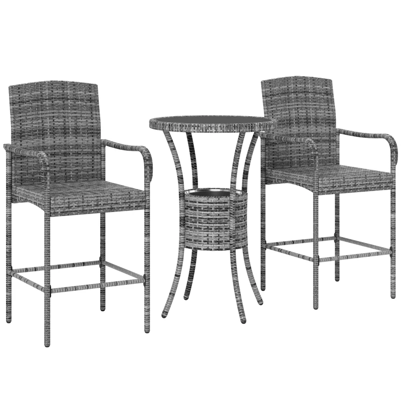 Outsunny 3 Pieces Patio Bar Set, Rattan Bistro Table and Chairs, Outdoor Conversation Furniture Set with Ice Bucket, Mixed Grey