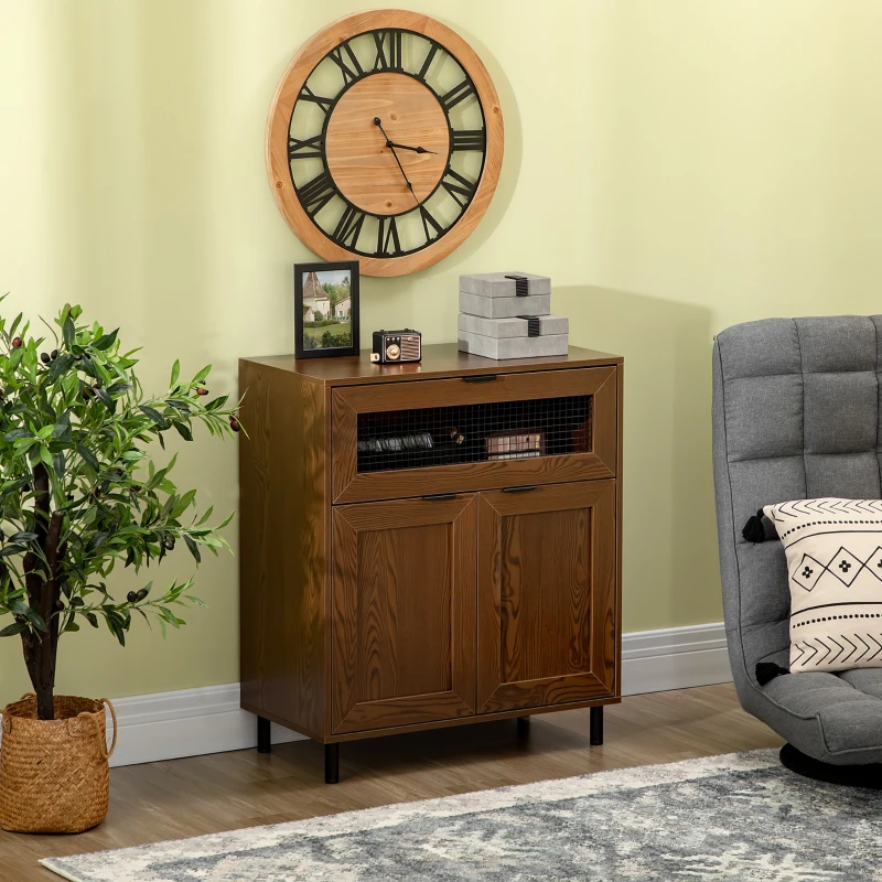 HOMCOM Sideboard Buffet Cabinet, Kitchen Cabinet with Metal Grid Flip Drawer, Adjustable Shelf, Accent Cabinet for Living Room, Walnut