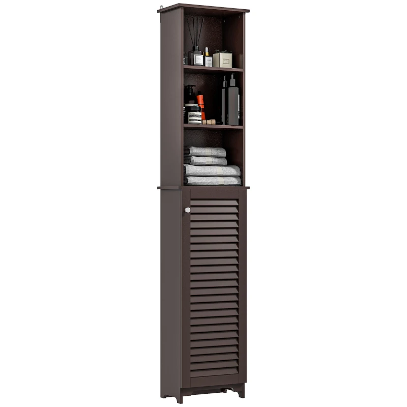 HOMCOM Tall Bathroom Storage Cabinet, Freestanding Linen Tower with 3-Tier Open Adjustable Shelf, Dark Brown
