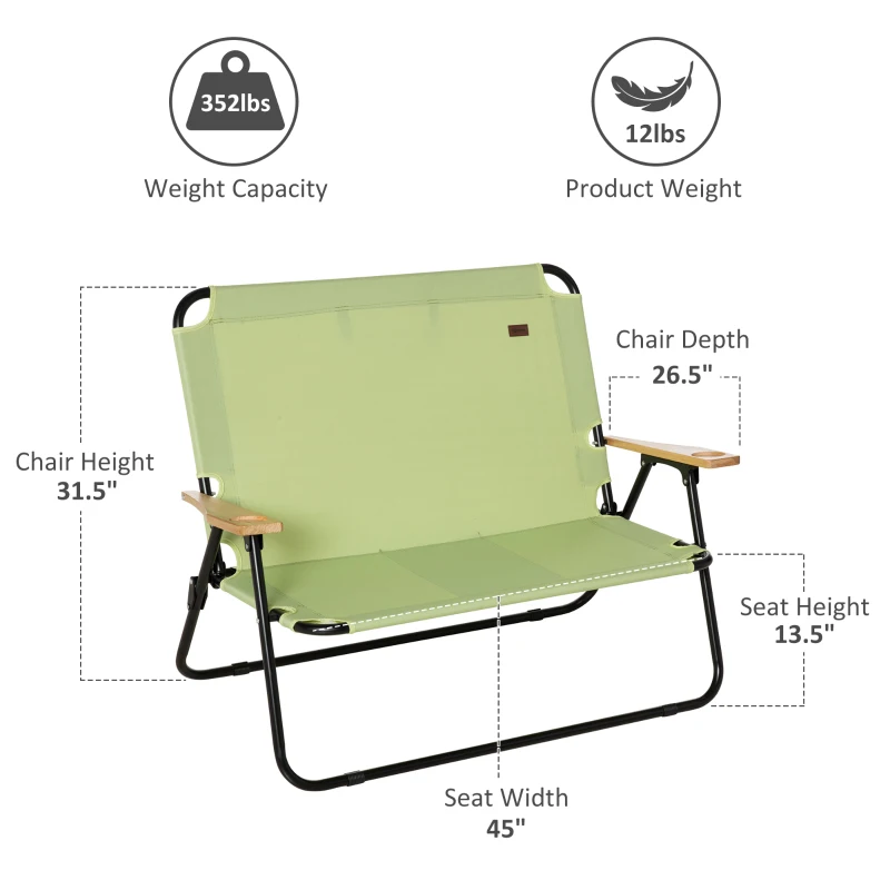 Outsunny Double Folding Camping Chair, Loveseat for 2 Adults, Portable Camping Couch with Wood Armrest & Cupholders, for Backpacking, Beach, Sports Travel, Green