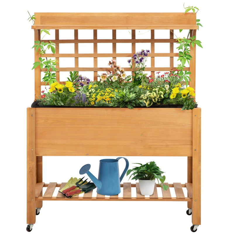 Outsunny 41.25"x15.75"x53.25" Wooden Planter Raised Elevated Garden Bed Planter Flower Herb Boxes for Vegetables Flower with Shelf and Wheels Solid Wood Outdoor/Indoor