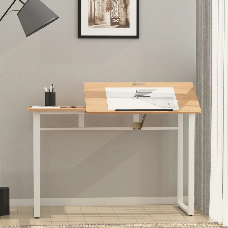 HOMCOM Computer Desk Writing Table with Small Angle Adjustable Tabletop for Drawing Home Office Workstation, Oak