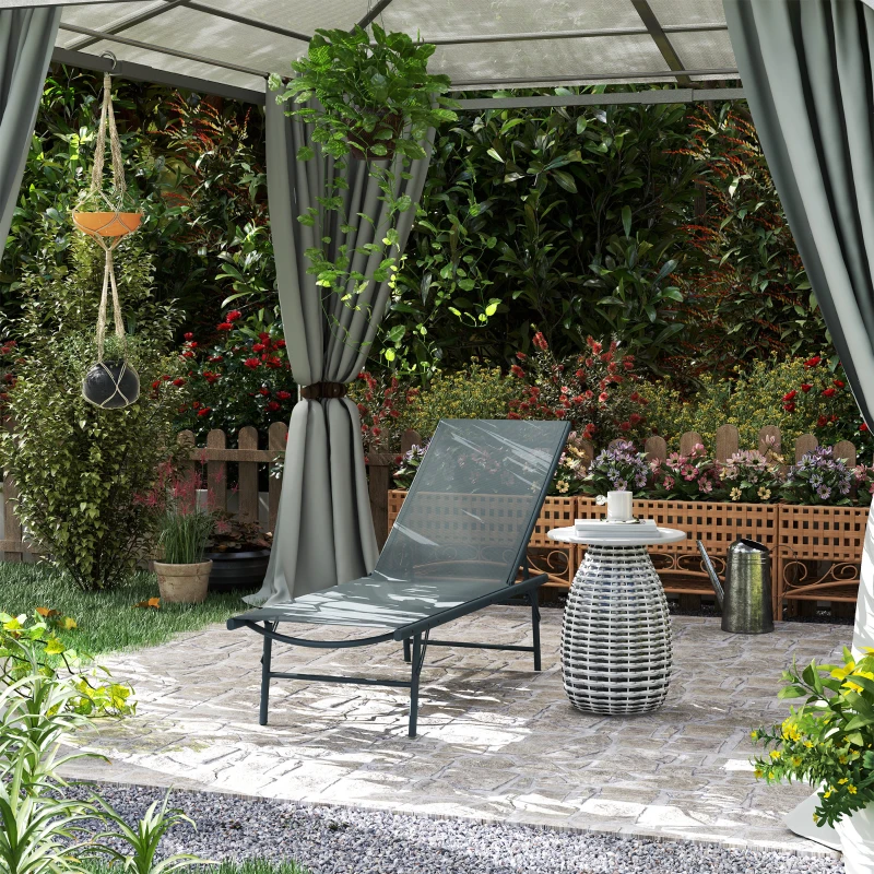 Outsunny Folding Outdoor Lounge Chair, Reclining Chaise Lounge Tanning Chair w/ Adjustable Back, Mesh Seat, Light Grey