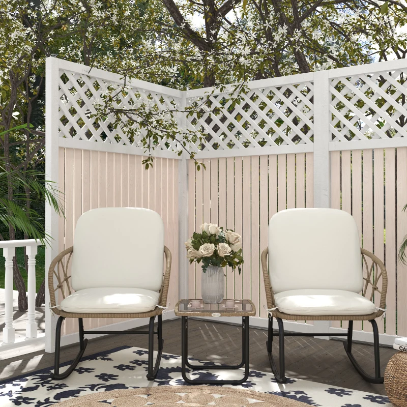 Outsunny 3 Pieces Patio Rocking Chair Patio Set with Cushions, Outdoor Round PE Rattan Wicker Hollow Design Conversation Set with Two Rocker Chairs, Glass Top Coffee Table, Beige