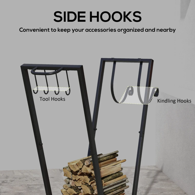 Outsunny Firewood Rack with Wheels, Metal Log Holder with Kindling and Tool Hooks, Indoor/Outdoor, 31.1" x 11.8" x 31.9", Black