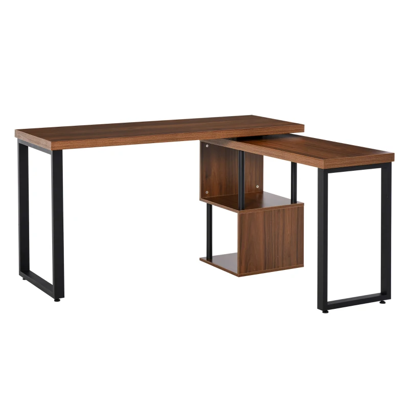 HOMCOM Corner Rotating L-Shaped Office Table Computer Desk with Storage Shelf Brown